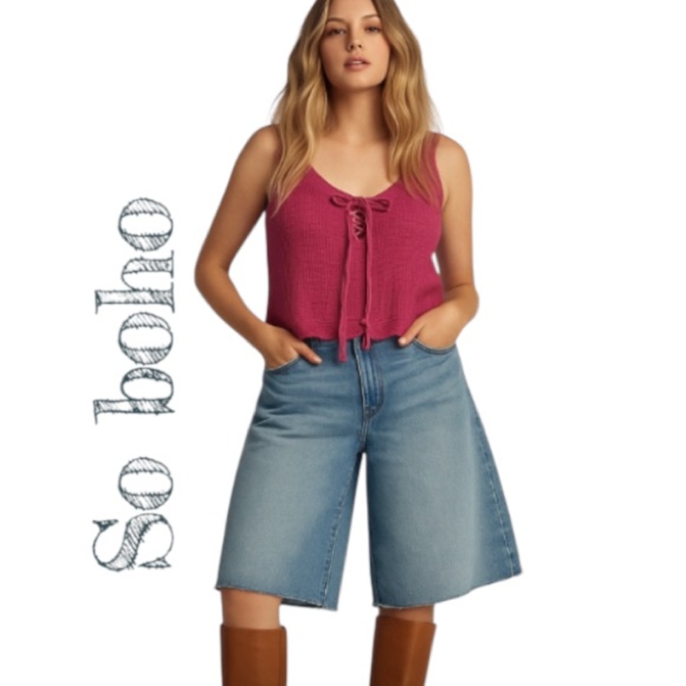 3X Old Navy Cotton Crochet Tie-Front Sweater Tank Top in Fuchsia Pink, NWT